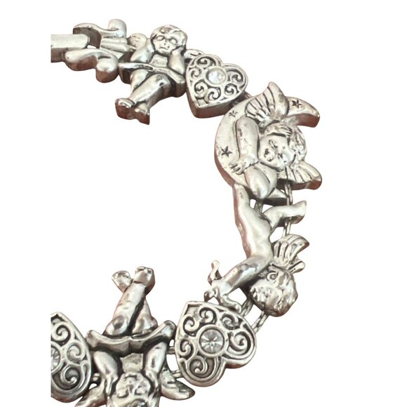 Vintage Angel Cherub Heart Themed Bracelet Slide Charms Rhinestones Estate 6.75" - Picture 2 of 4